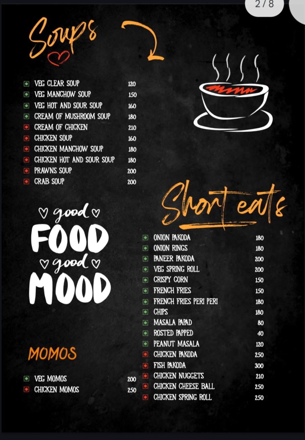 Soups, short eats and momos menu