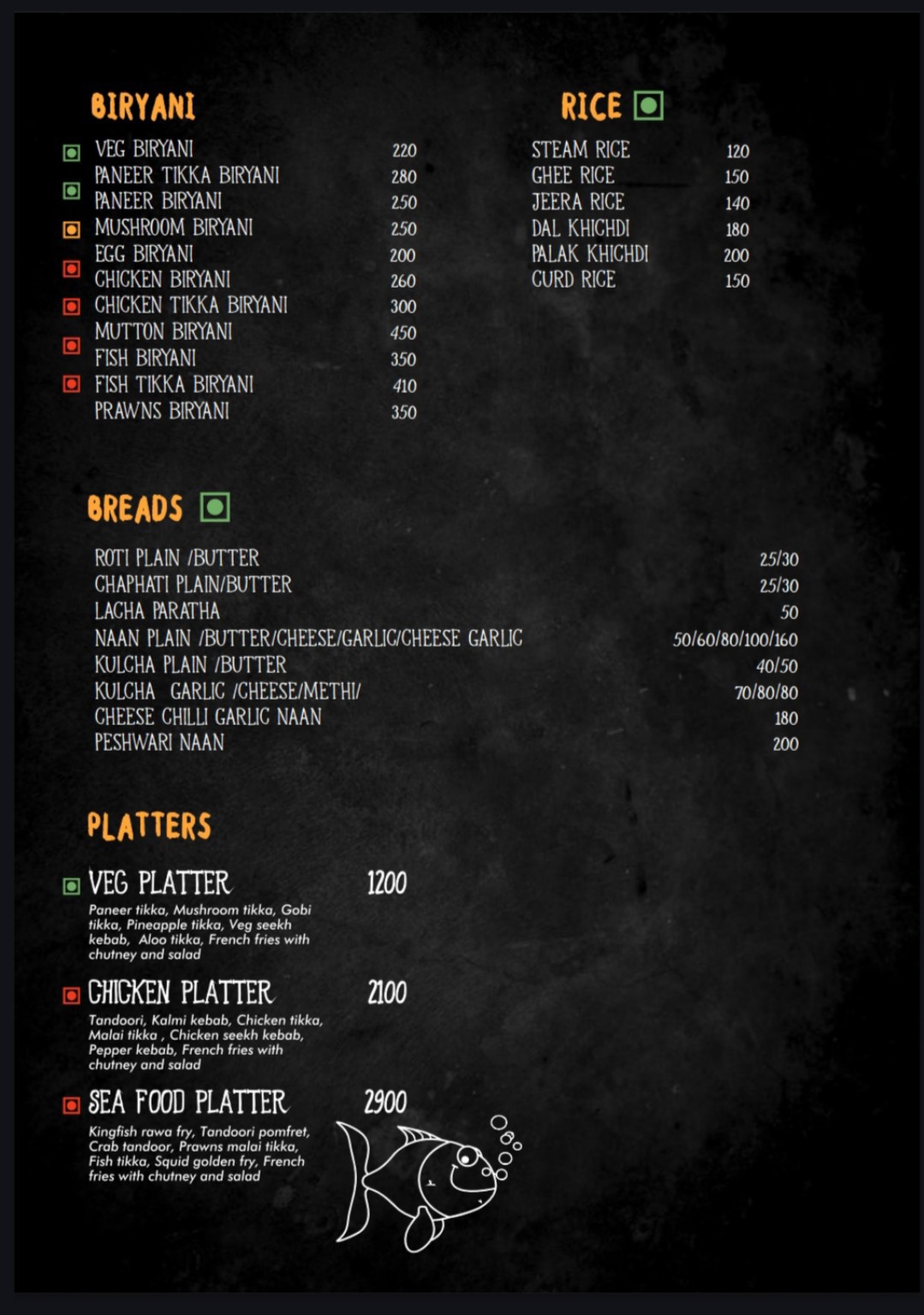 Biryani rice breads and platters menu